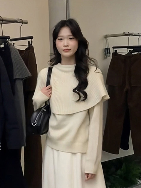 Korean red fake two-piece cape knitted bottoming shirt for women, autumn and winter lazy inner sweater, beautiful top