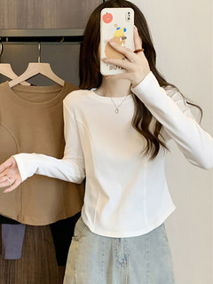 Spring and autumn white irregular cotton long sleeve t-shirt women's design niche bottoming shirt short right shoulder top