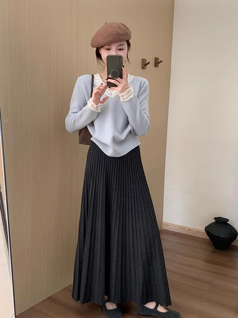 Black Wool Knit Skirt for Women, Autumn and Winter, High-Waisted, Slimming, Thickened Pleated Skirt, Petite, Elegant A-Line Long Skirt