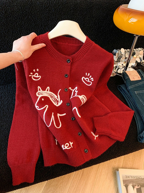 New Year's Red Pony Embroidered Knitted Cardigan for Women, Autumn and Winter Korean Style, Flattering Outerwear Sweater, Round Neck, Soft and Cozy Top
