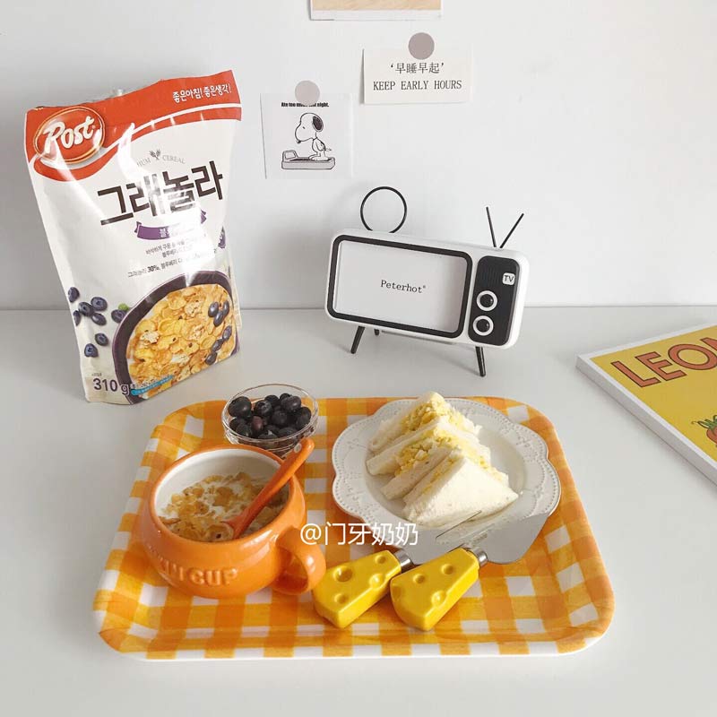 ins Korean wind cute yellow checkered yellow checkered cake fruit tea cup snack for home big-tray plastic imitation porcelain square