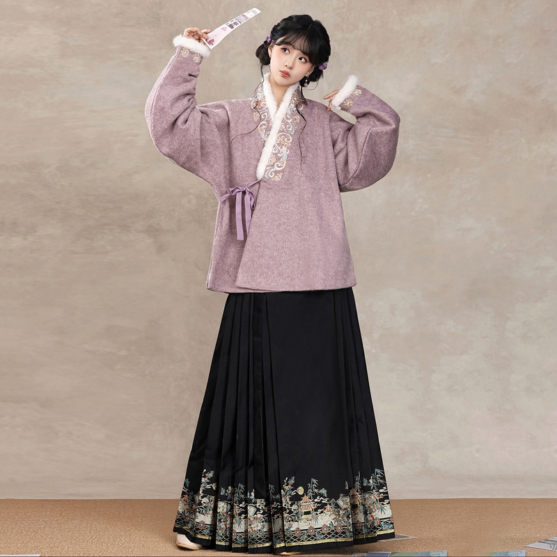 Mingyue Xuan Winter Ximin Hanfu Cross-Collar Bow Pocket Sleeves Fleece-Lined Double-Wear Winter Short Jacket Daily Mamian Skirt Set