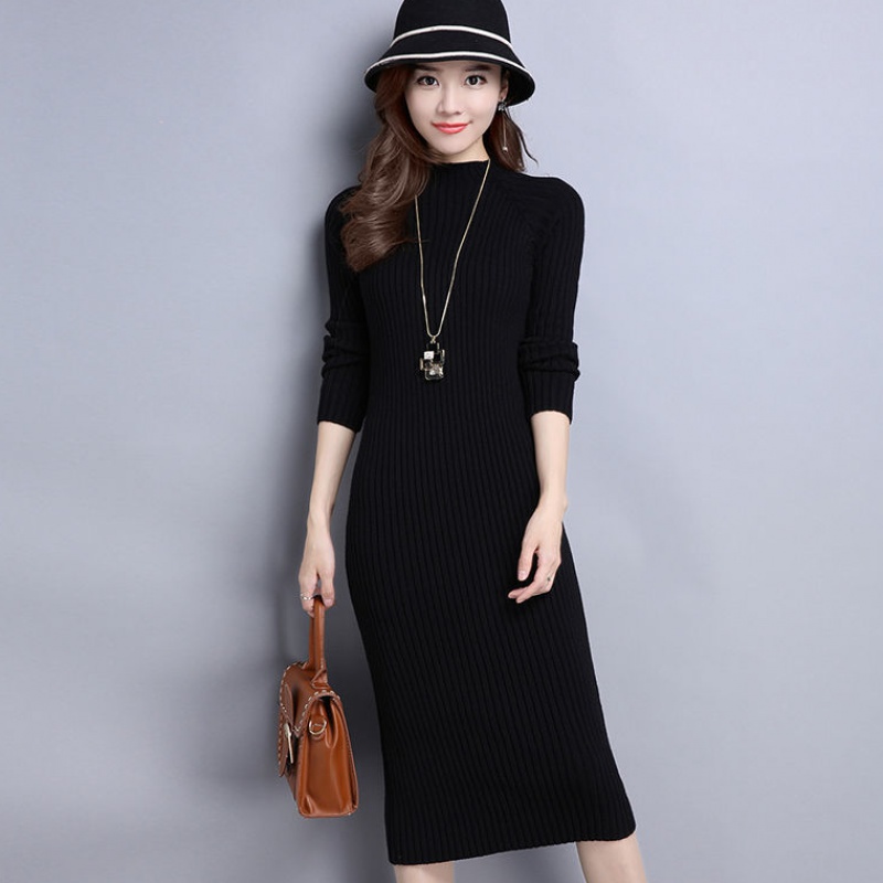 BlackCrew neck thickening Super long Wool dress Over the knee Self cultivation Show thin Bottom up knitting Dress 2021 Autumn and winter Dress