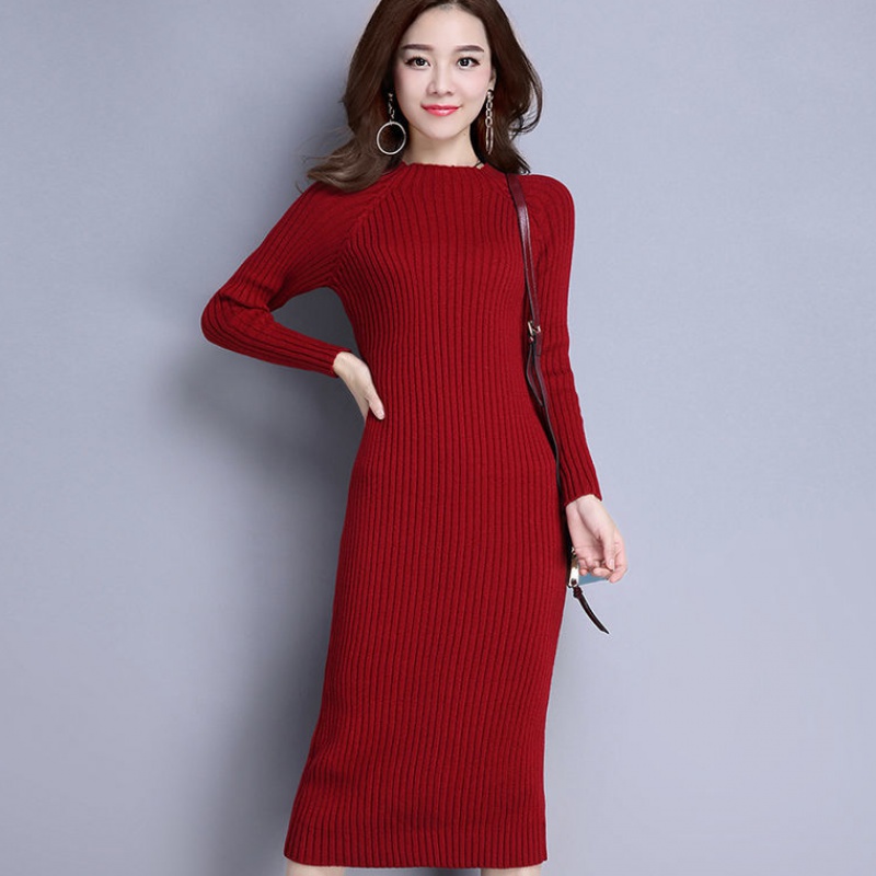 ClaretCrew neck thickening Super long Wool dress Over the knee Self cultivation Show thin Bottom up knitting Dress 2021 Autumn and winter Dress