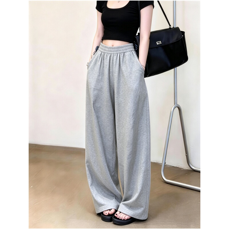 Gray High-Waisted Casual Wide-Leg Pants for Women, 2026 Summer New Style, Loose Fit, Slimming Sports Pants, Straight-Leg, Floor-Length, Curved Pants