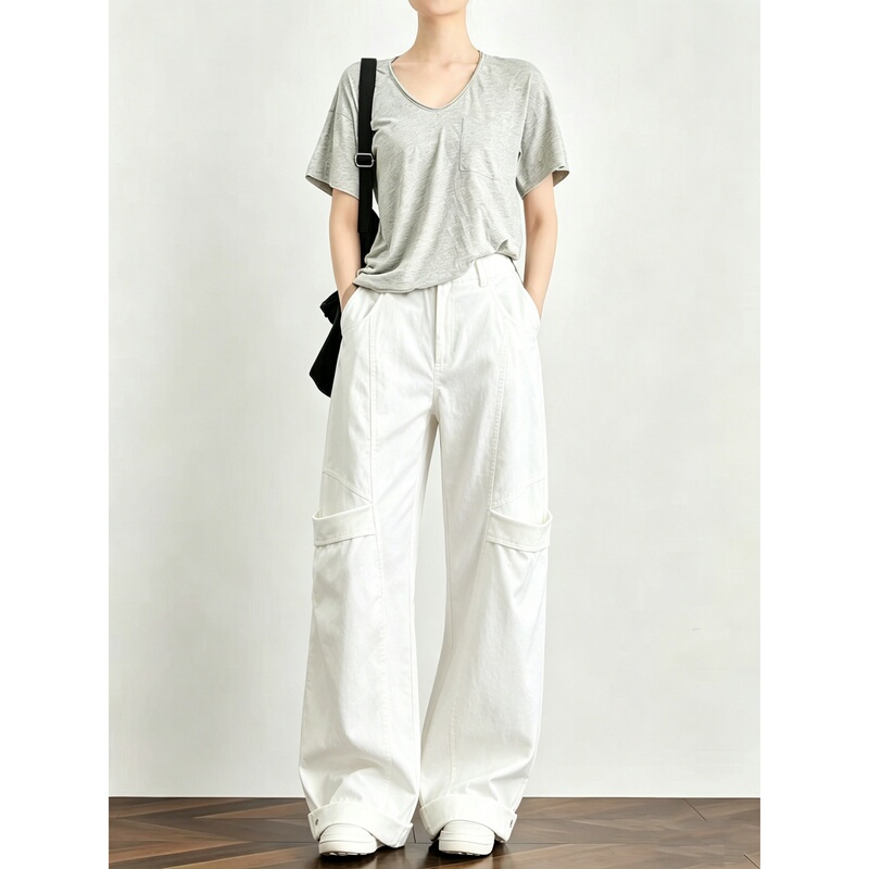 American Retro White Casual Work Pants for Women, 2026 Summer New Style, Extended Length for Tall Individuals, Straight-Leg Pants with Side Pockets