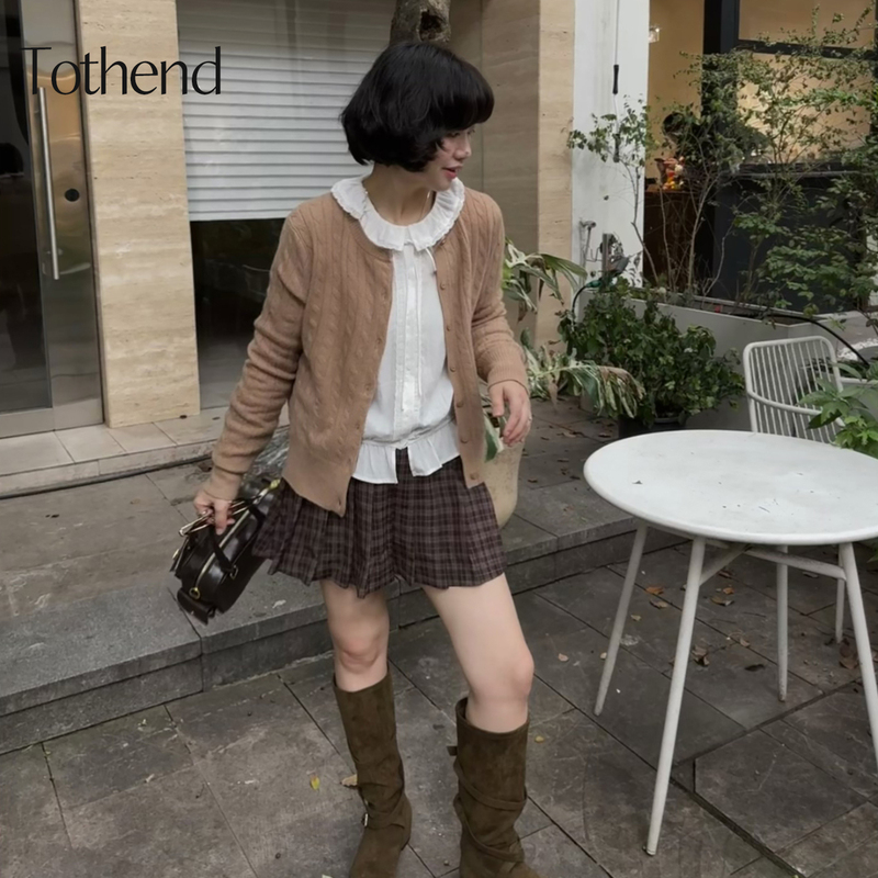 Tothend “Elegant Academy” Bf Retro Age-Reducing Versatile Cable Knit Sweater Orange Khaki Knitted Cardigan Tothend “Elegant Academy” Bf Retro Age-Reducing Versatile Cable Knit Sweater Orange Khaki Knitted Cardigan