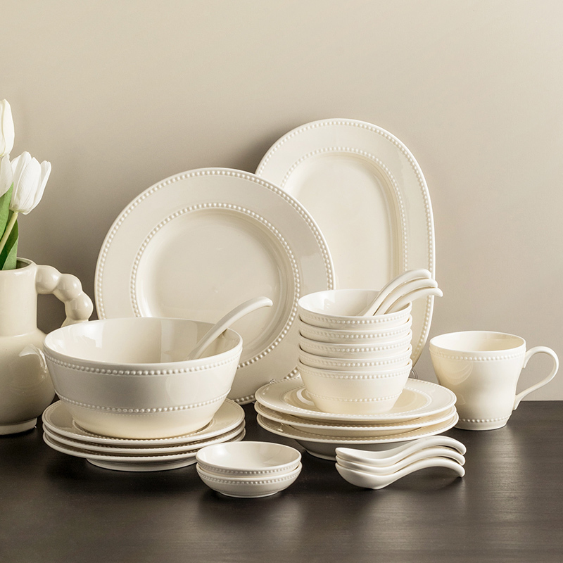Underglaze Color French-Style High-Value Bowl and Plate Set, Simple Household Ceramic Dot-Pattern Tableware, Bowls and Plates, Housewarming Gift