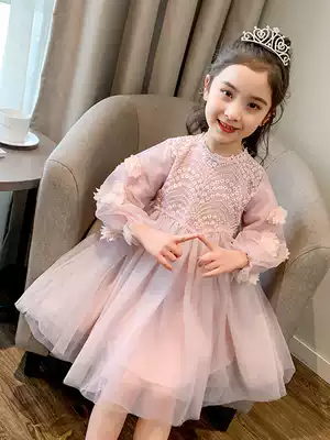 Girls' dress spring and autumn 2021 New lace princess dress big children's dress puffy gauze skirt