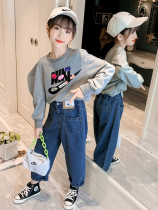 Girl Foreign Air Sports Suit Children Casual Vee Clothing Broadlegged Jeans Two Sets CUHK Children Fashion Spring Wave