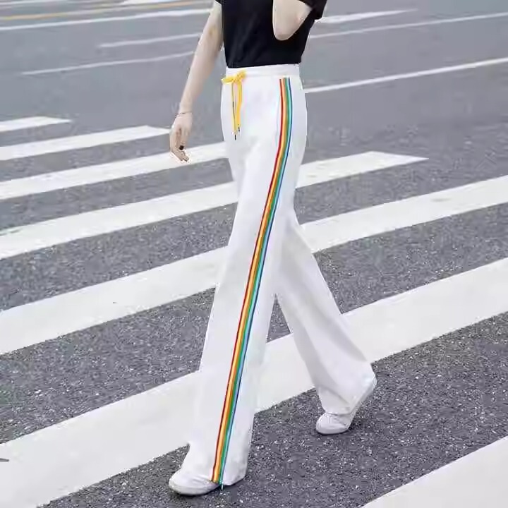 Discount Clearance~ Rainbow Side Stripe Straight Wide-Leg Pants for Women, Summer Thin High-Waisted White Casual Sports Pants