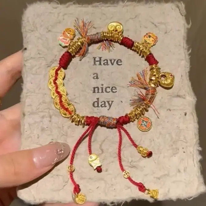 Jin Xifu Little Red Book Ancient Method Gold-Plated Red String Tibetan Bracelet New Chinese Style Small Gold Nugget Copper Coin Versatile High-End