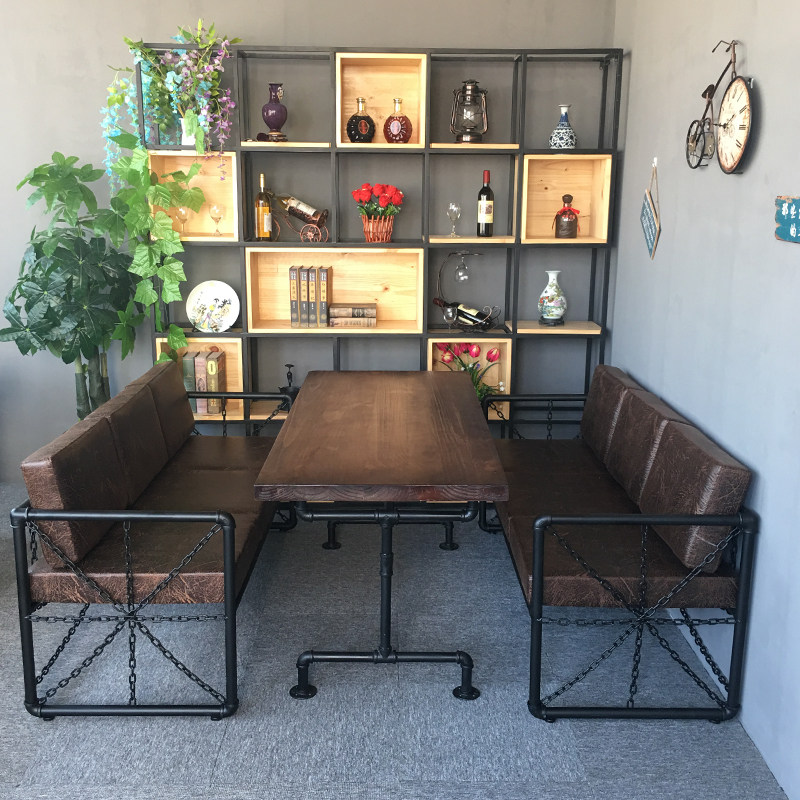 Industrial wind bar sofa card seat barbecue hot pot restaurant iron art double three-person water pipe restaurant table and chair combination creative