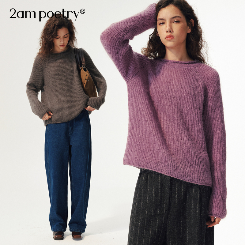 2Am Poetry "Mohair Wool Blend" Rolled-Edge Design Sweater, Soft and Skin-Friendly Knitwear