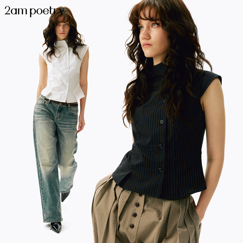 2Am Poetry 100% Cotton Sleeveless Halter Neck Shirt for Women, Classic Waist-Cinching Slim-Fit Tailored Stand-Up Collar Shirt 2Am Poetry 100% Cotton Sleeveless Halter Neck Shirt for Women, Classic Waist-Cinching Slim-Fit Tailored Stand-Up Collar Shirt