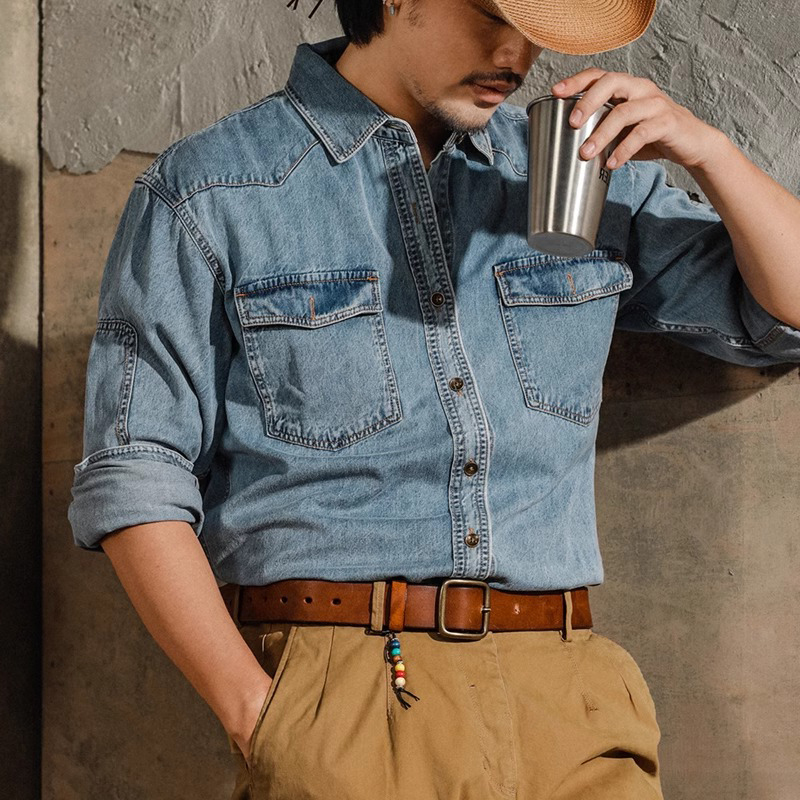 American Retro Western Denim Shirt for Men, Amekaji Long-Sleeve Workwear Washed Shirt, Tough Guy Trendy Jacket