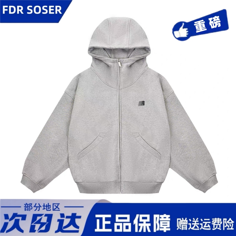 Fdr Soser Spring and Autumn Gray Zip-Up Cardigan Top for Men, Heavyweight High-Neck Hooded Sweatshirt Jacket for Women