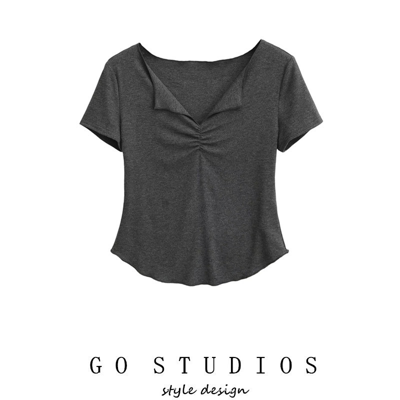 Jazz Korean Dance V-Neck Curved Hem Versatile Short-Sleeve T-Shirt for Women, Stylish Sun-Protective Fitness Base Layer Top Jazz Korean Dance V-Neck Curved Hem Versatile Short-Sleeve T-Shirt for Women, Stylish Sun-Protective Fitness Base Layer Top