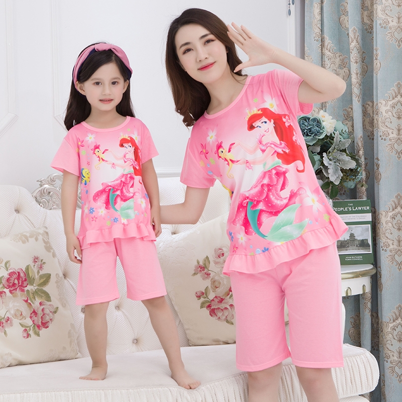 Childrens đồ ngủ cotton mùa hè cô gái mỏng ngắn tay bộ cha mẹ và con trong dễ thương phim hoạt hình mẹ và cô gái về nhà quần áo trẻ lớn.