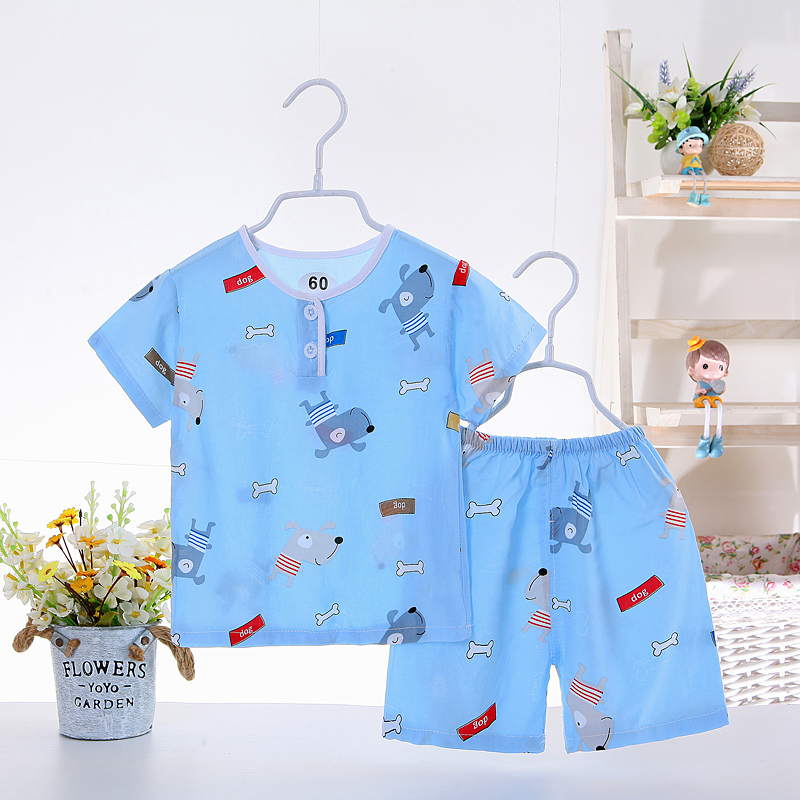 Mùa xuân và mùa hè ngắn tay trẻ em Pyjama trẻ em trai và trẻ em gái lụa trẻ em ngắn tay bé bông lụa nhà quần áo mỏng phù hợp.