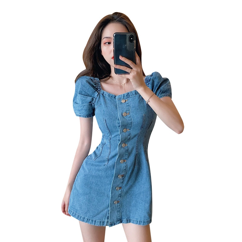 Hàn Quốc phiên bản của phía khí đơn hàng nút denim váy bong bóng mùa hè sleevewaist ngắn chương mỏng A-từ ngắn váy cô gái