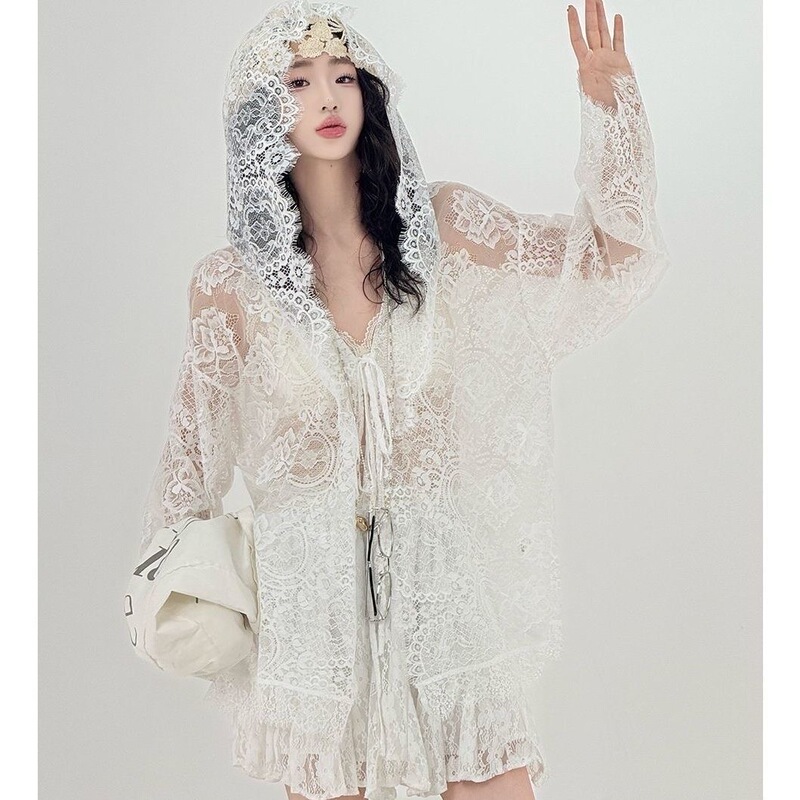 [Rose Fragrance] Summer Casual Solid Color Long-Sleeved Thin Breathable Lace Trim Cardigan New Versatile Layering Piece