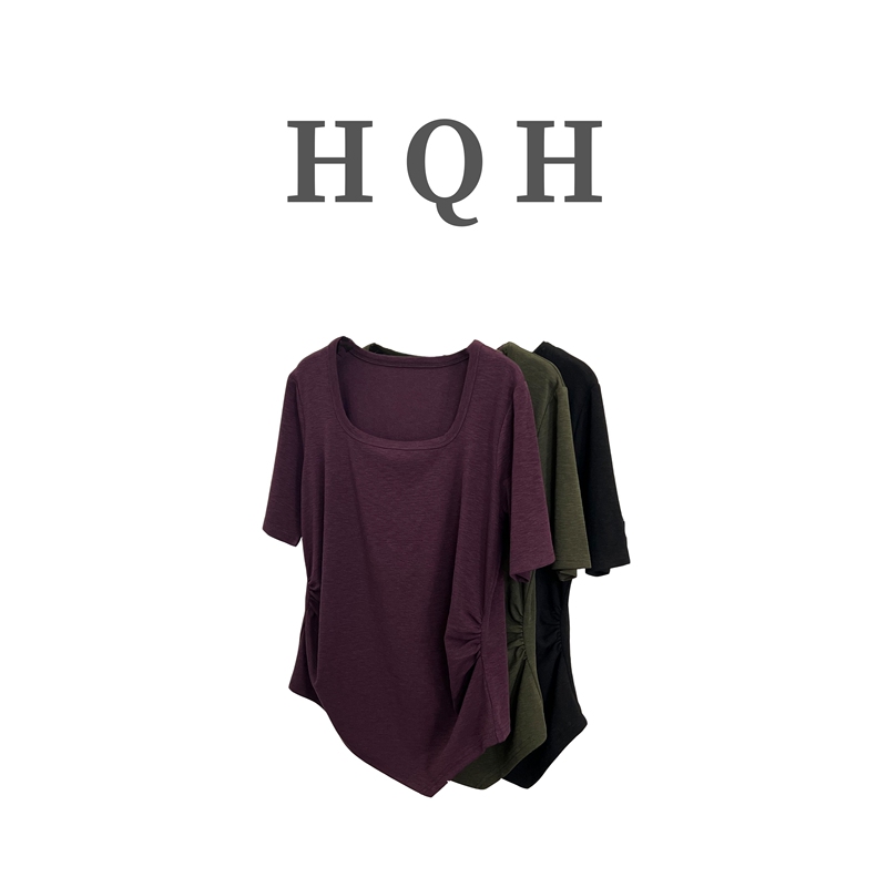 『1608 # Irregular Hem, Pleated French Square Neck Design, Loose Fit, Slimming, Stylish and Versatile Short-Sleeved T-Shirt