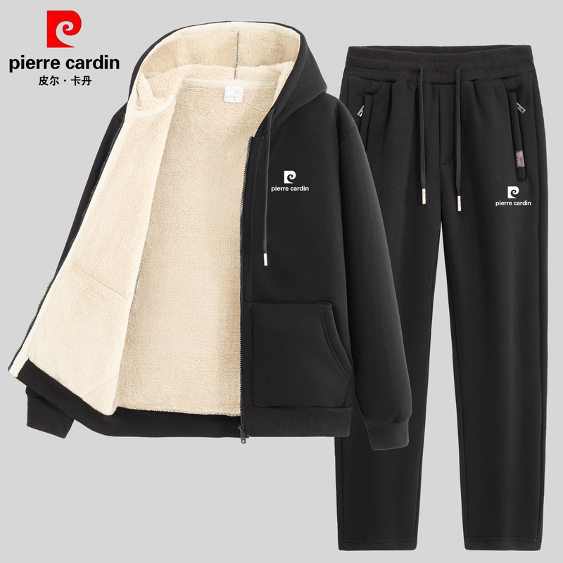 French Pierre Cardin Lamb Wool Men's Fleece-Lined Thickened Loose Pure Cotton Clothing Set for Autumn and Winter, Warm Sports and Leisure Suit