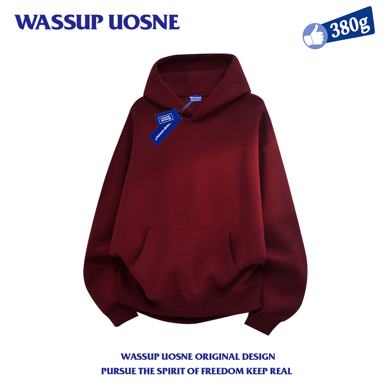 Wassup American-Style Heavyweight 380g Burgundy Hooded Oversized Sweatshirt for Men, Spring and Autumn 2025 New Couple's Top