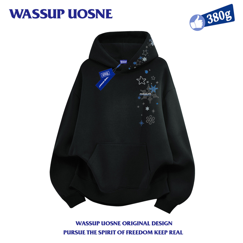 Wassup American-Style Black Heavy Embroidered Hoodie for Men and Women, Autumn and Winter 2025 New Hoodie, Couple Tops Wassup American-Style Black Heavy Embroidered Hoodie for Men and Women, Autumn and Winter 2025 New Hoodie, Couple Tops