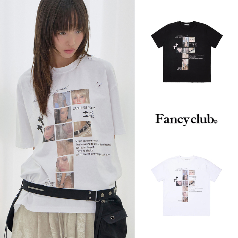 Zheng Yian and Kim Chae-Won's Same Style Fancy Club American-Style Cross Print Ripped Casual Short-Sleeve T-Shirt for Women