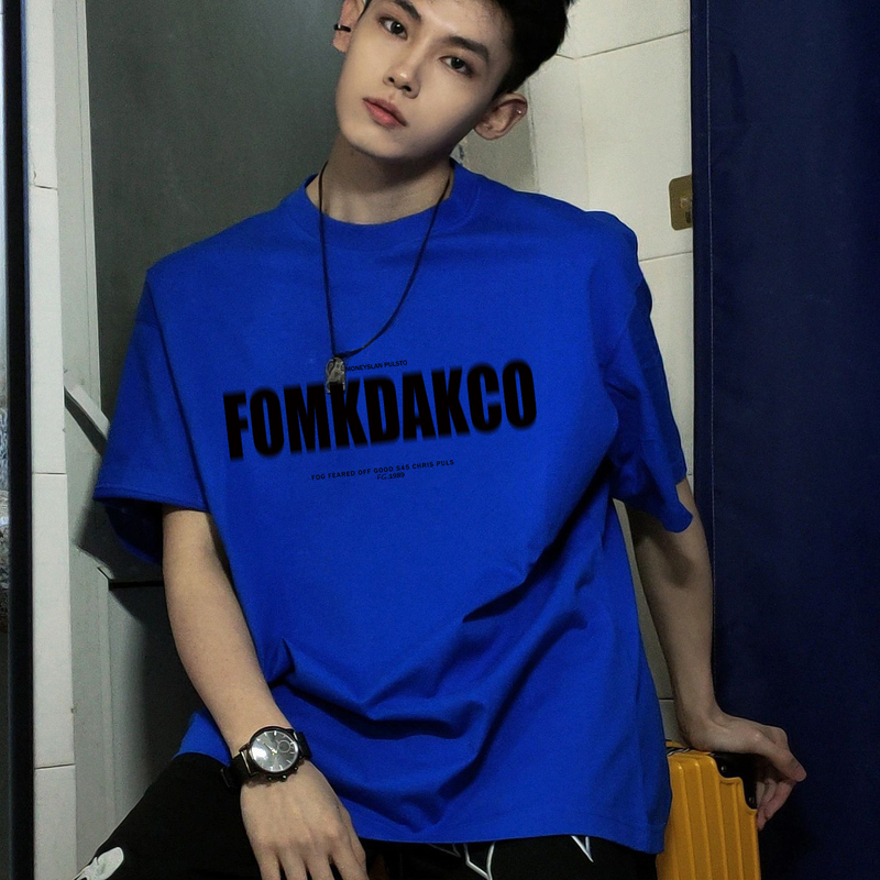 Fntk Trendy American Letter Print Short-Sleeve T-Shirt for Men, Summer Loose Heavyweight Pure Cotton Klein Blue Top Tee Fntk Trendy American Letter Print Short-Sleeve T-Shirt for Men, Summer Loose Heavyweight Pure Cotton Klein Blue Top Tee