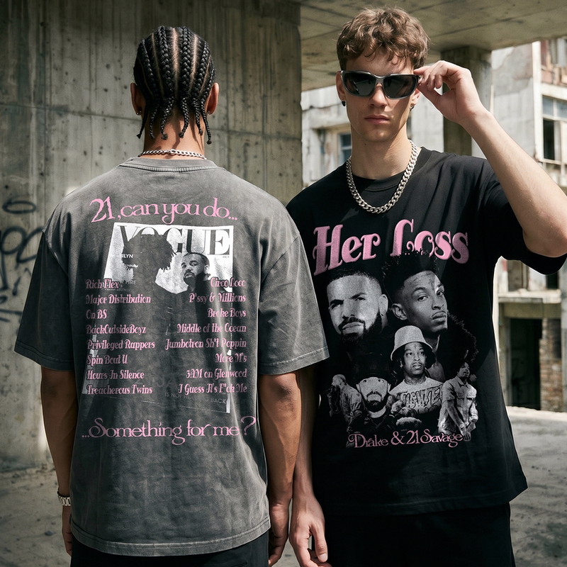Bc American Retro Drake&21 Savage Washed Vintage Short-Sleeve Heavyweight Streetwear Brand Printed Short-Sleeve Shirt