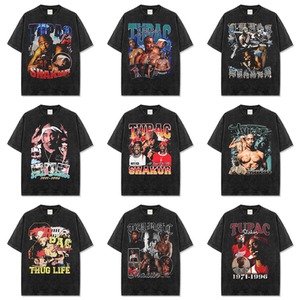 Bc Retro Trendy Hip-Hop Short-Sleeve Tupac Washed T-Shirt for Men, Heavyweight High Street Versatile Pure Cotton Small Neckline