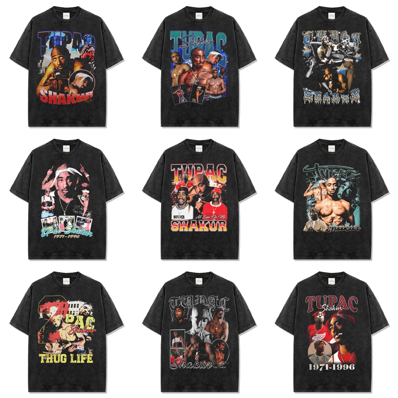 Bc Retro Trendy Hip-Hop Short-Sleeve Tupac Washed T-Shirt for Men, Heavyweight High Street Versatile Pure Cotton Small Neckline