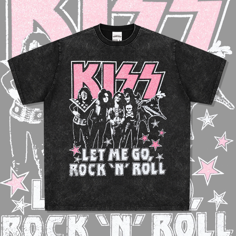 Kiss Rock Band Washed Short-Sleeved T-Shirt High Street Hip-Hop Heavy Metal