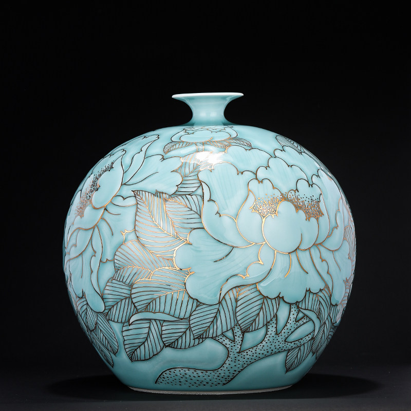 Jingdezhen Ceramics New Chinese Sculpture Celadon Drawing Gold Ornament Chinese Living Room Porch Home Decorations