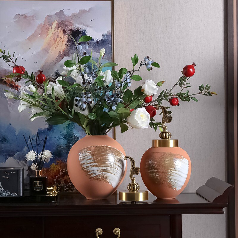 New Chinese Retro-View Ceramic Vase Fittings All-copper Cover Zen Handdrawn Creative Living Room