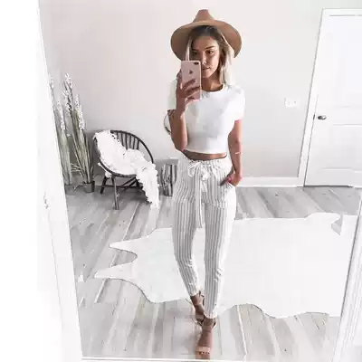 pants women casual mid waist pants white striped casual trousers