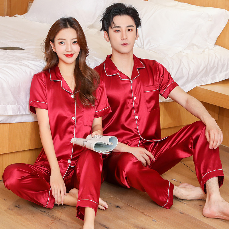 Ice silk short-sleeved couple pajamas female summer red wedding plus fertilizer plus size fat MM200 catties men's home clothes suit