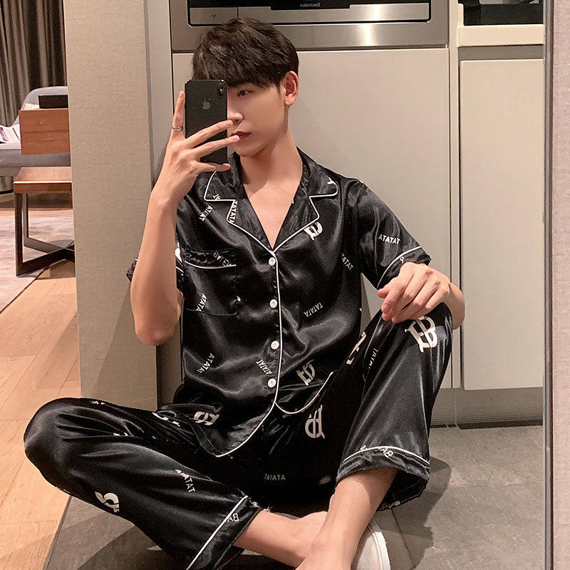 Ice silk short-sleeved pajamas men's summer Korean version of the cartoon plus fertilizer plus size 200 catties loose and thin home service suit