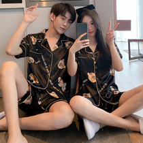 Short sleeve lovers sleepwear male summer ice silk thin section plus fattening up overweight 200 catwoman Loose Genuine Silk Home Suit Suit