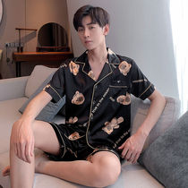 short sleeve sleepwear male summer ice silk thin section plus fattening up code 200 catty Loose Cartoon True Silk Home Suit Suit