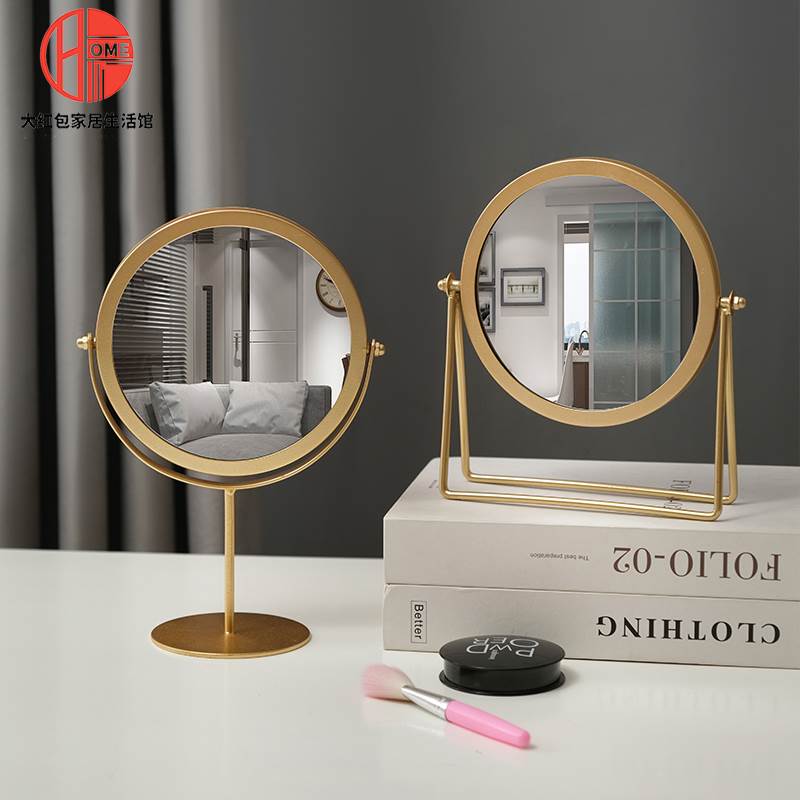 Nordic Desktop Desktop Makeup Mirror Upright Bracket High Foot Round Mirror Small Golden Cosmetic Mirror Pendulum juku
