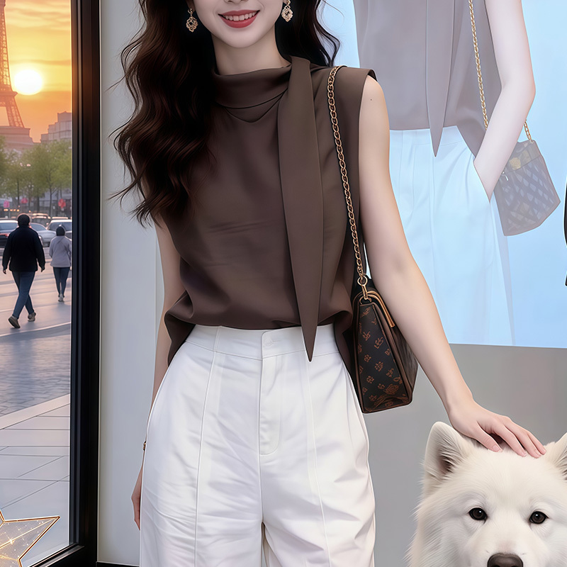 High-End Ribbon Stand-Up Collar Sleeveless Vest Shirt for Women, New Summer Style, Stunning Blouse, Loose and Slimming, Coffee-Colored Top High-End Ribbon Stand-Up Collar Sleeveless Vest Shirt for Women, New Summer Style, Stunning Blouse, Loose and Slimming, Coffee-Colored Top