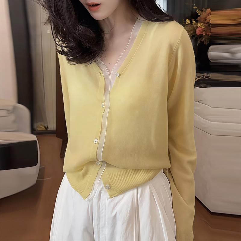 Bamboo Linen Yellow Knitted Cardigan for Women, Spring 2026 New Style, V-Neck Sweater, Loose and Casual Long-Sleeved Top