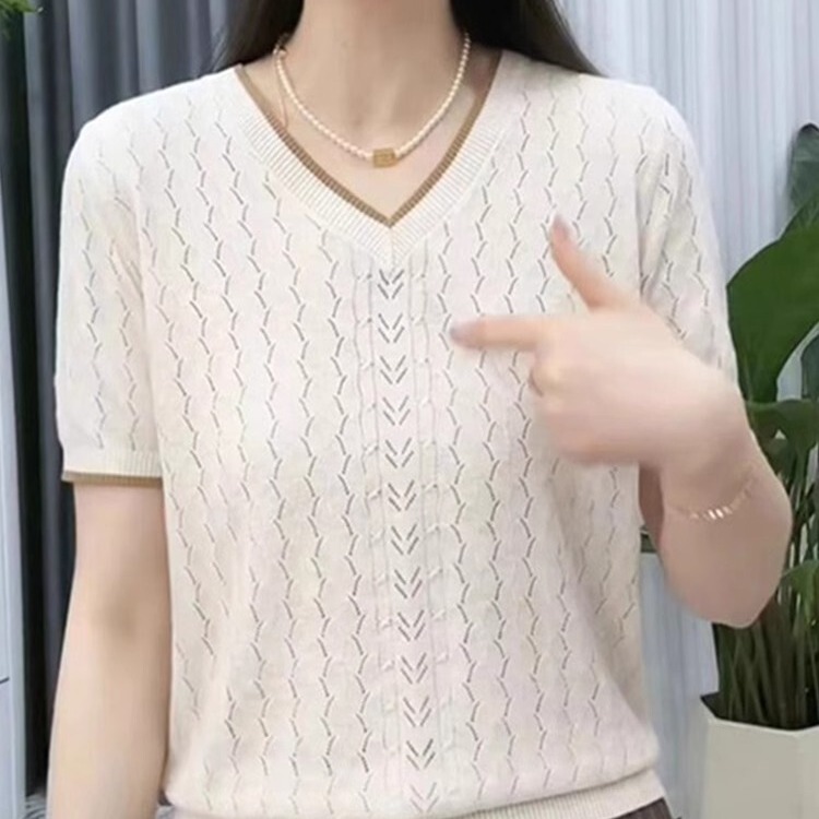 Summer 2026 New Style V-Neck Solid Color Patchwork Knit Top Fashionable Plus Size T-Shirt Thin Ice Silk Base Shirt