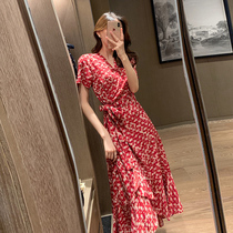 v Collar Crushed Floral Dress Summer 2021 New Lace Short Sleeve Woman Taste Red Closets Slim Snowspun Long Dress