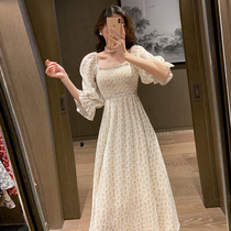 Fan-style small crowddress dress temperament 2021 new square collar foam sleeves snow spinning chopped flowers tea hysteria skirt Balloon Skirt Woman summer