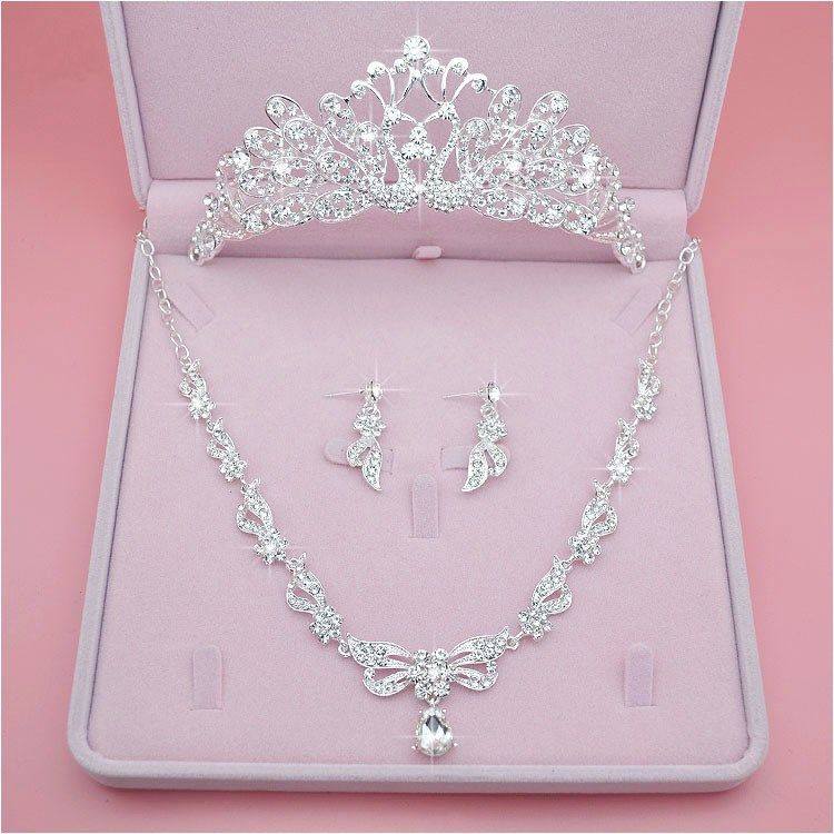 Wedding Crown Jewel Accessories 2021 New Brides Three Sets Wedding Dress Royal Crown Atmospheric Head Crown Accessories Fairy senior sensation-Taobao